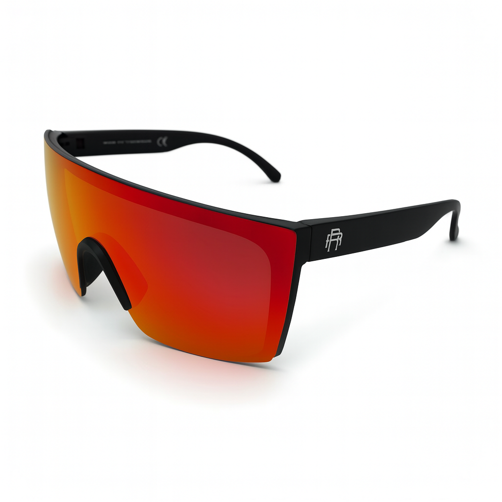 Sunglasses with black frame and red-tinted lenses on a white background