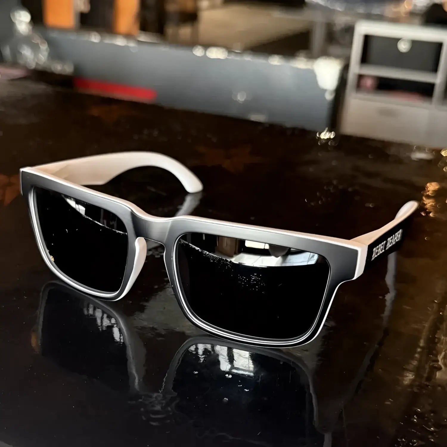 Black-lensed White-Frame Sunglasses from Hustler Wayfarer Sunglass Collection with Interchangeable Arms