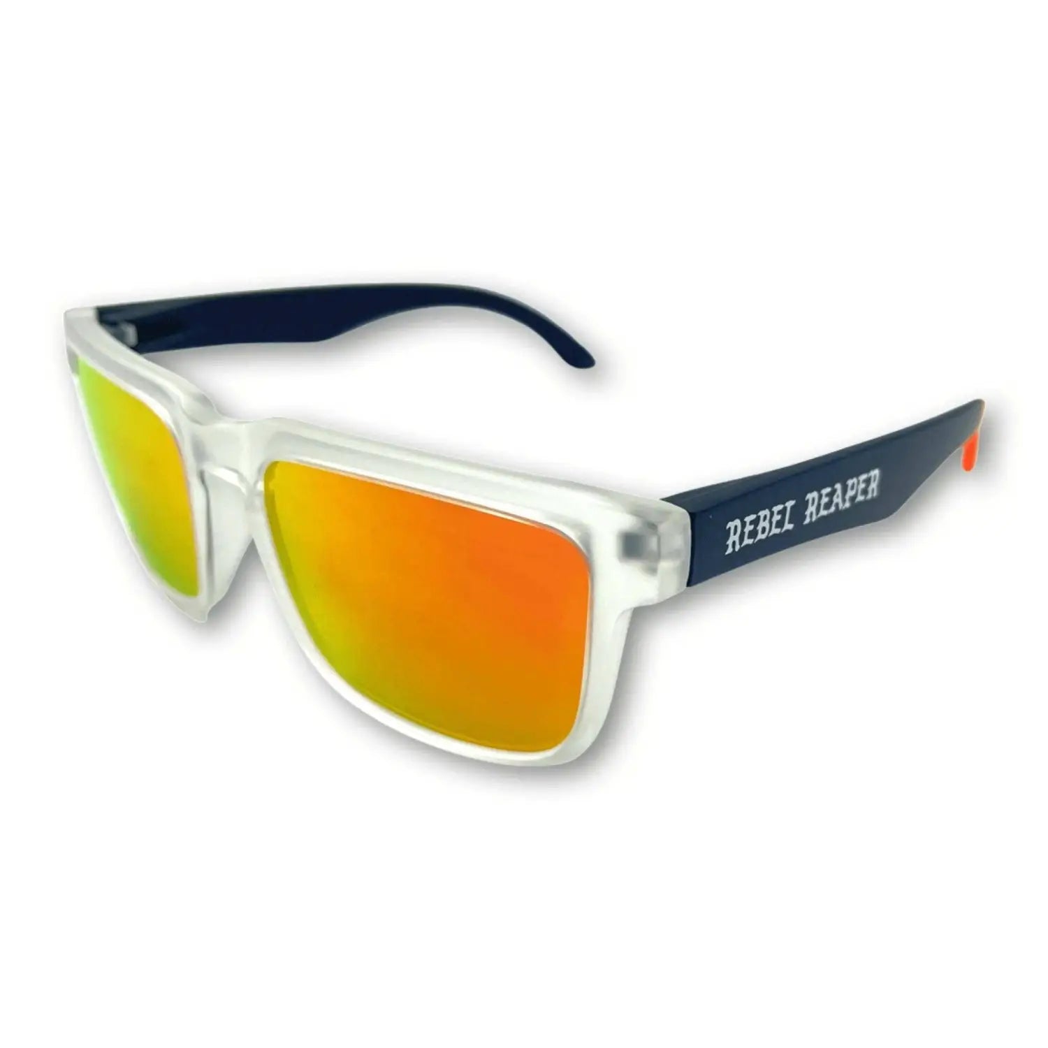 Hustler Wayfarer Sunglass Collection with signature rebel reaper sunglasses and interchangeable arms featuring orange mirrored lenses