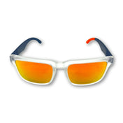 Orange mirrored sunglasses from Hustler Wayfarer Sunglass Collection with signature rebel reaper interchangeable arms