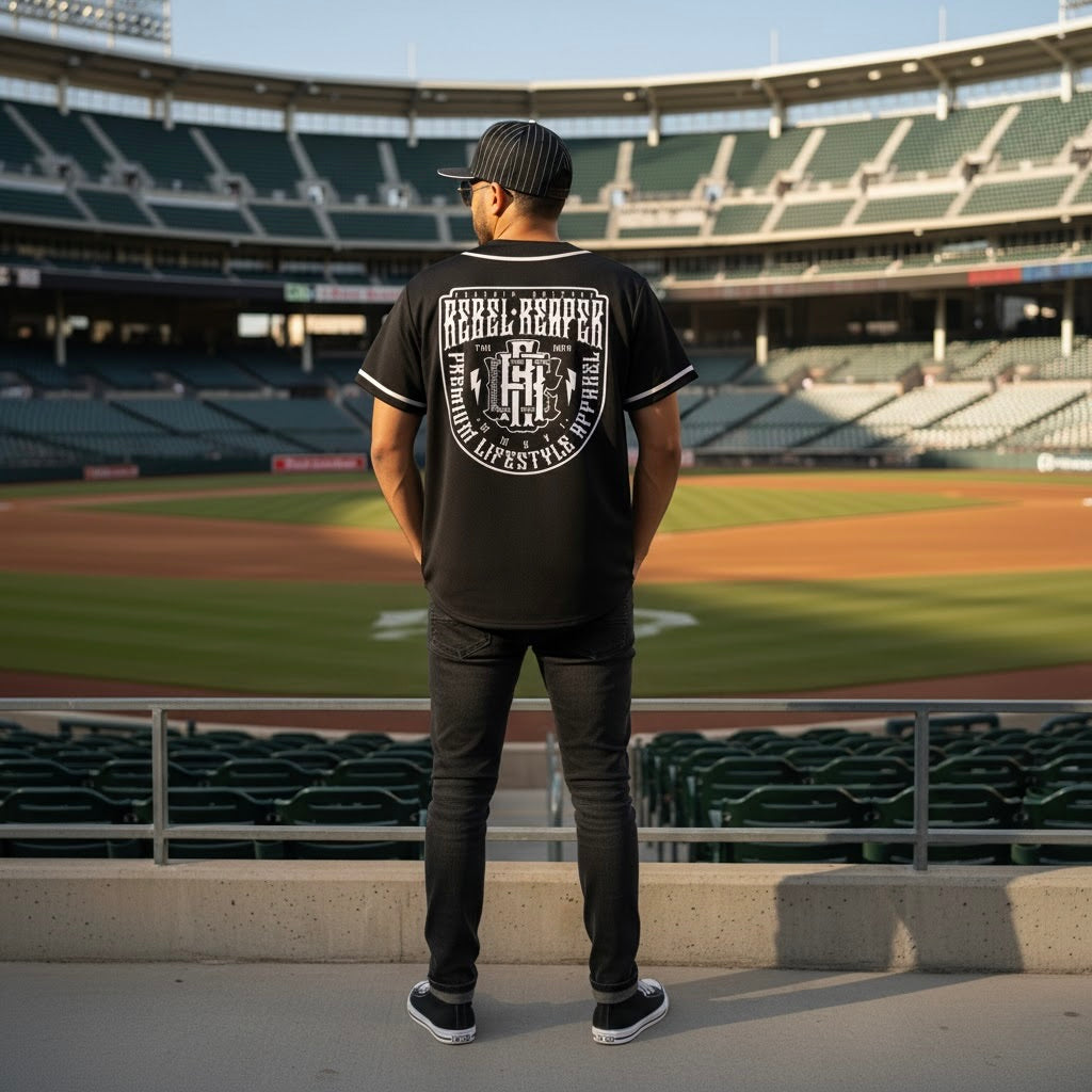 Person wearing a black t-shirt with 'Reel Reaper' logo at a baseball stadium