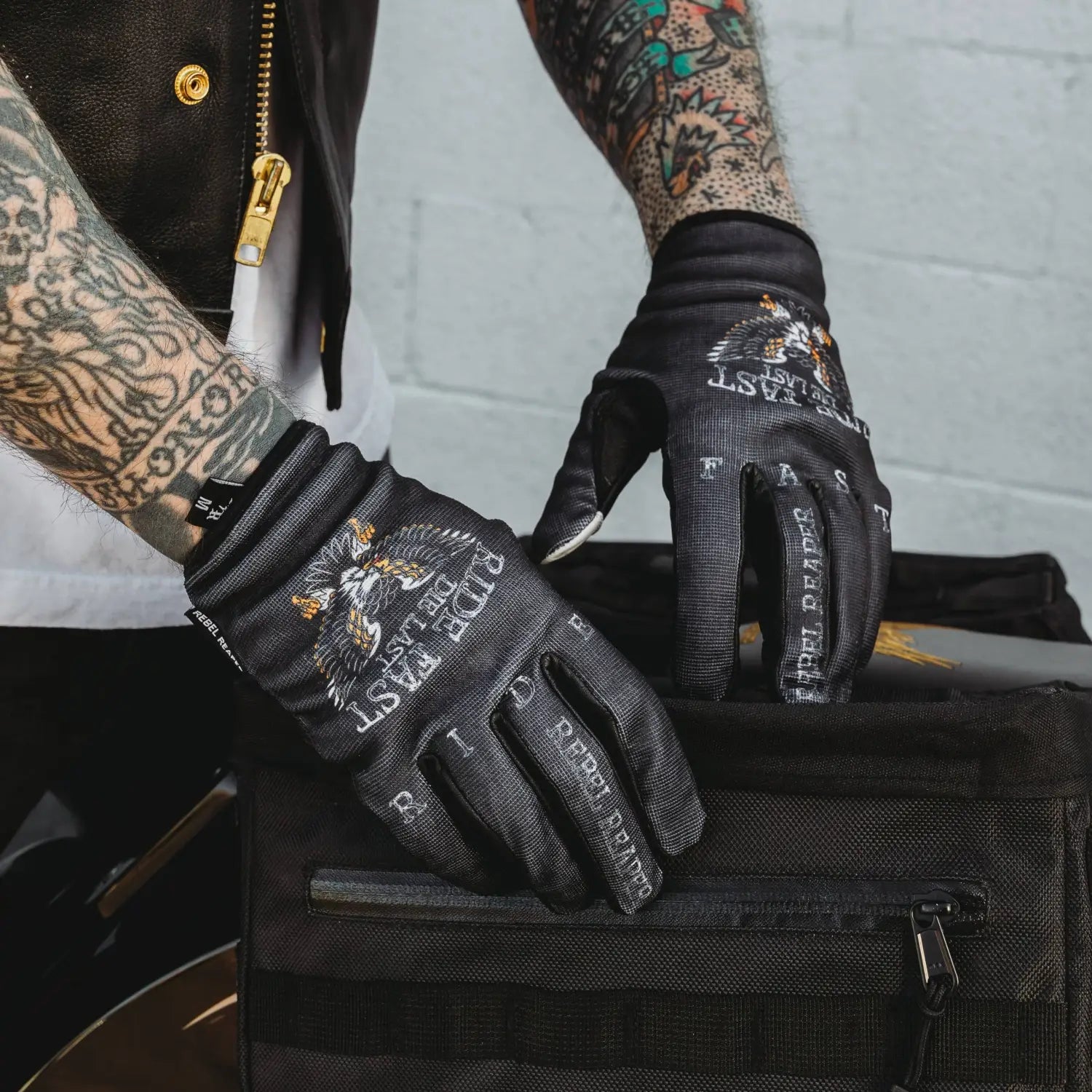 Black eagle moto gloves with eagle design from Live Fast Moto for motorcycle protection