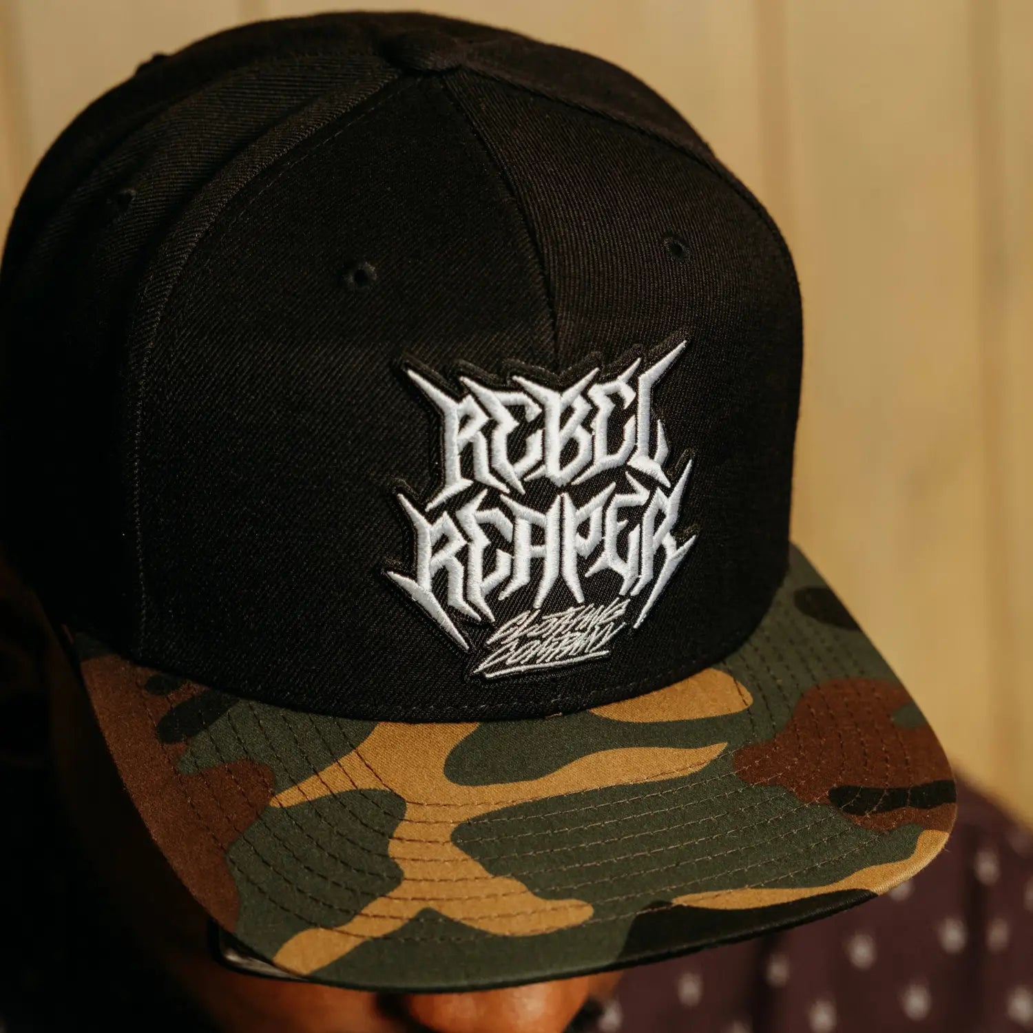 Black and Camo Baseball Cap with Rebel Reaper Logo, Classic Trucker Cap, Premium Mesh Panels