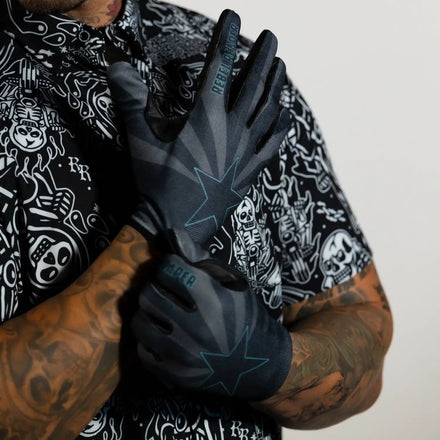Black star-patterned gloves from Midnight Arizona Flag Moto Gloves featuring heavy-duty tank magnets
