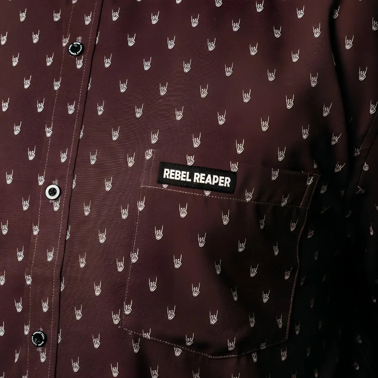 Maroon MidNight Metal Hands shirt with rock-on hand pattern, wrinkle-resistant fabric