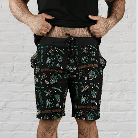 Black patterned shorts from Neon Flash Boardshorts made with recycled polyester and 4-way stretch velcro pockets