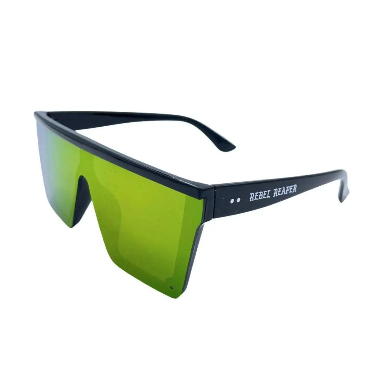 Black-framed sunglasses with green mirrored lenses from OG Square Reflective UV400 Sunglass Collection showcasing UV400 protection and durable black frame