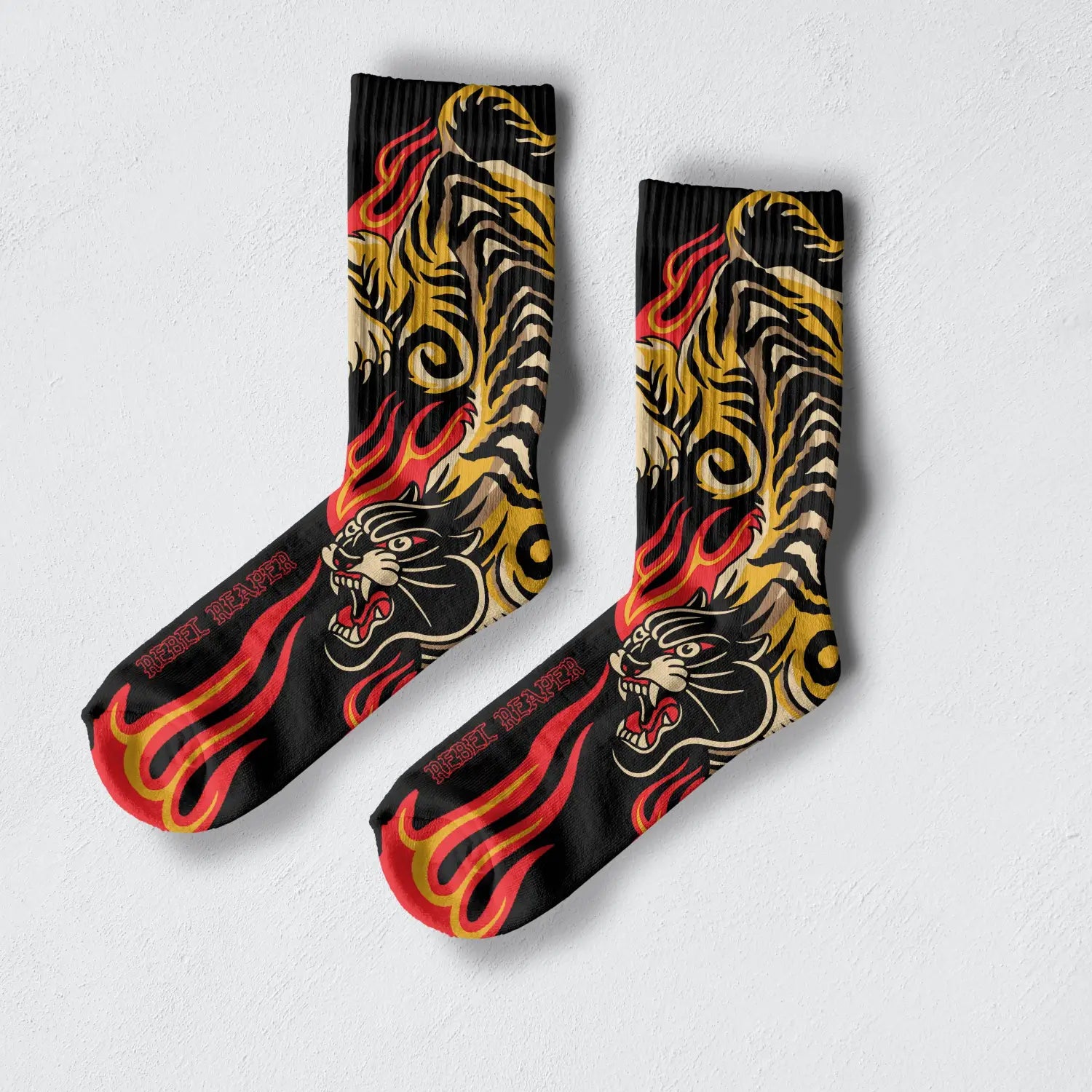 Panther Kamikaze Crew Socks with tiger and panther design, reinforced heel, combed cotton blend
