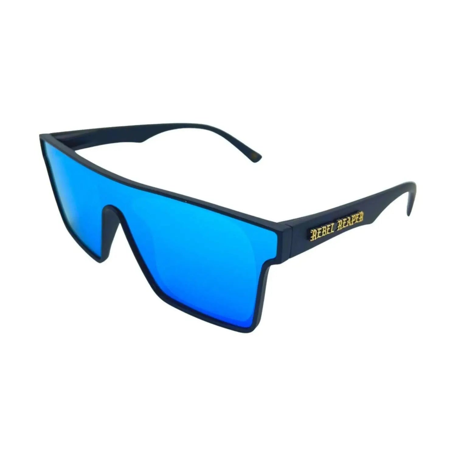 Blue mirrored sunglasses from the Party Shade Polarized Aviator Sunglass Collection with durable TR90 frame, rebel reaper style, and UV400 protection