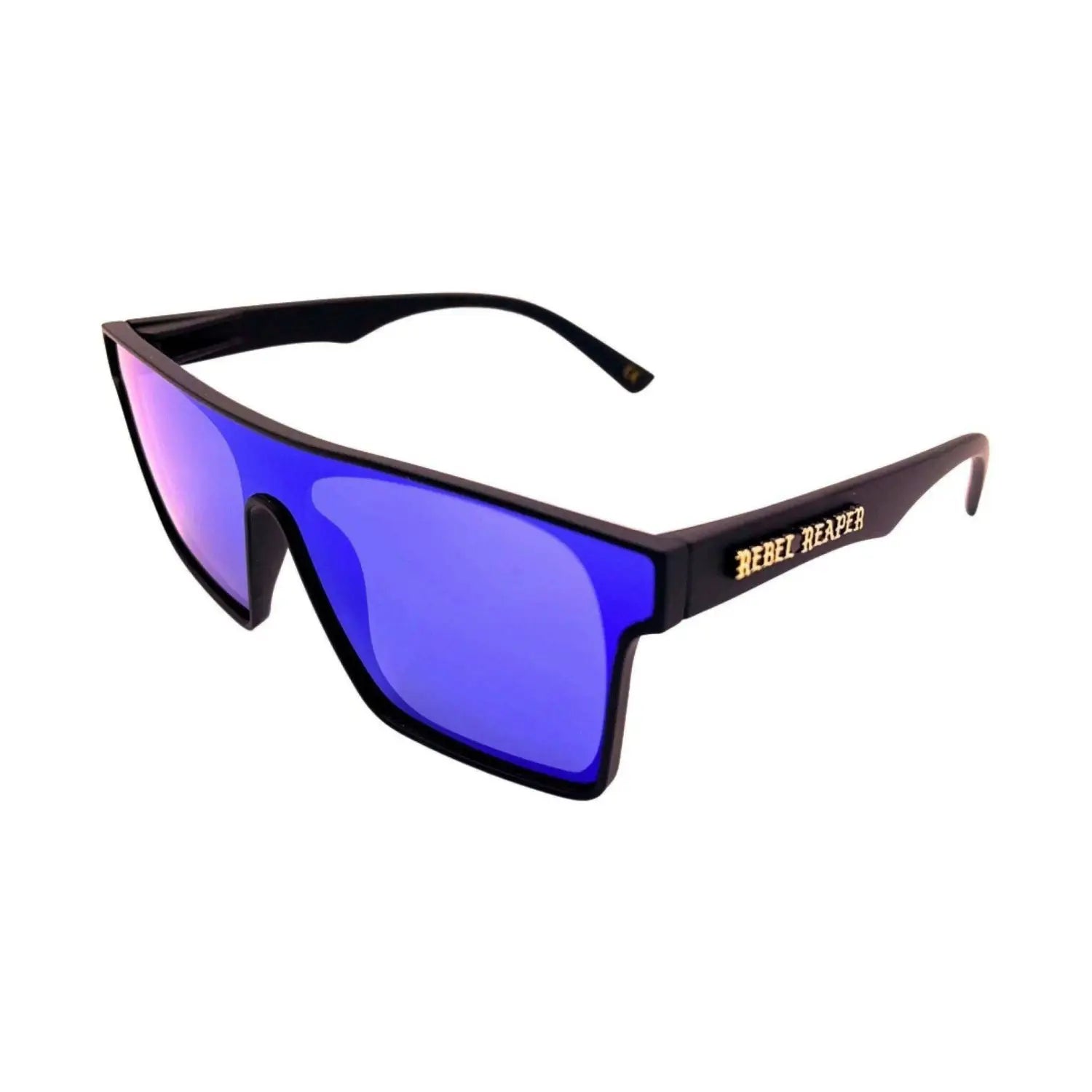 Black-framed sunglasses with blue lenses from Party Shade Polarized Aviator Collection featuring durable TR90 frame and UV400 protection