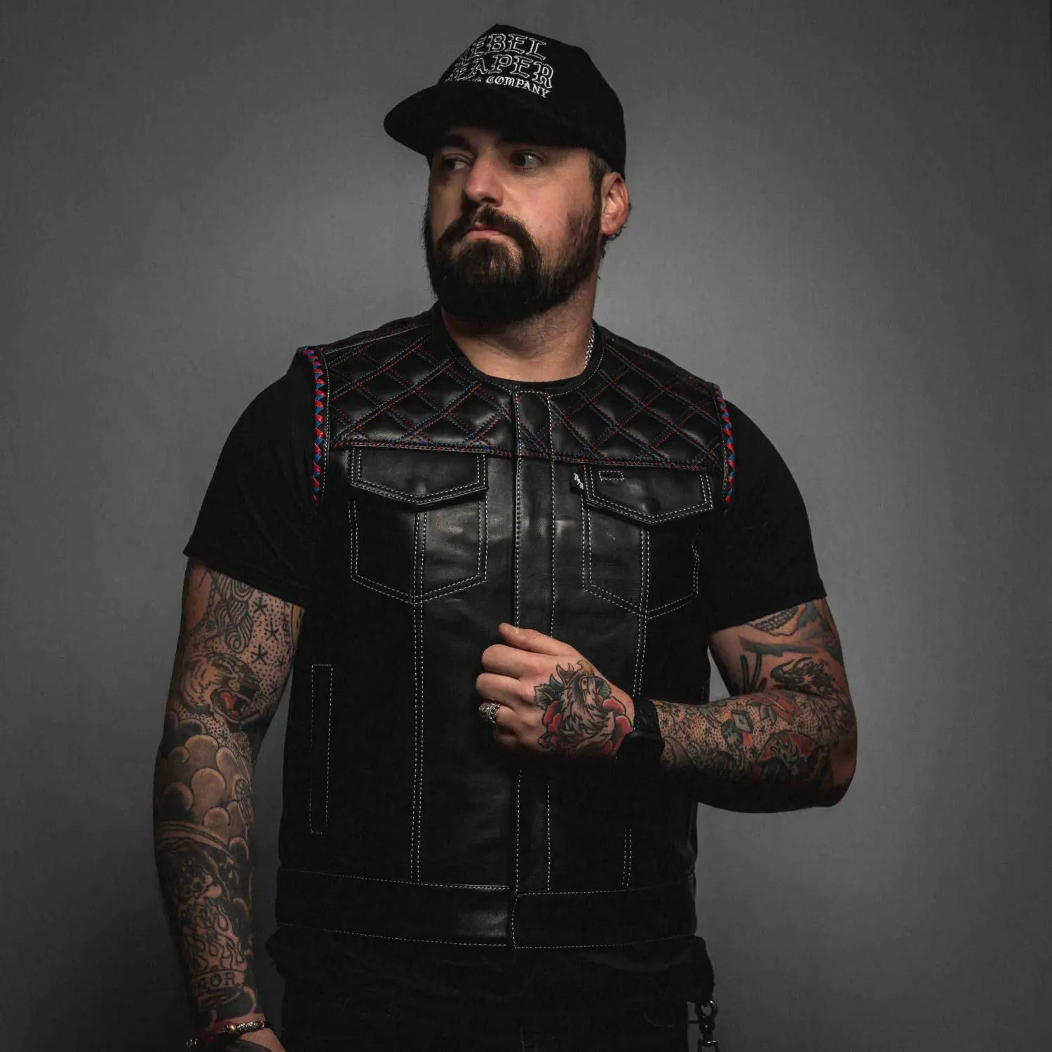 Patriot Black Leather Vest with Double Diamond - Rebel Reaper Clothing Company