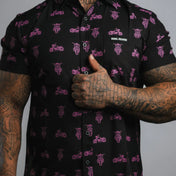 Pink Neon Moto Button Up Shirt with motorcycle pattern, hidden collar buttons, wrinkle-resistant fabric