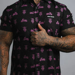 Pink Neon Moto Button Up Shirt with motorcycle pattern, hidden collar buttons, wrinkle-resistant fabric