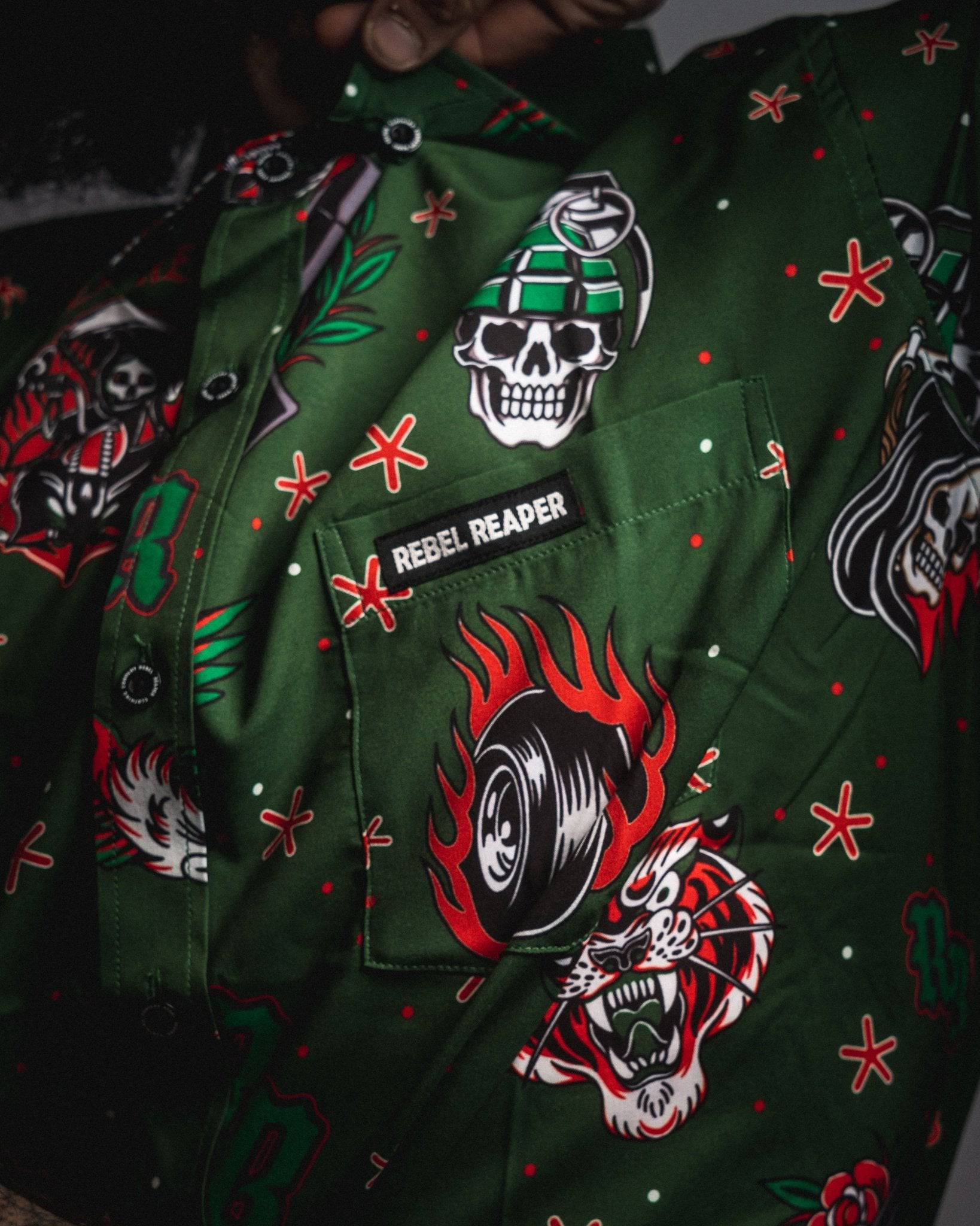 "Xmas Tattoo Flash" - Button Up *SALE FINAL* - Rebel Reaper Clothing Company