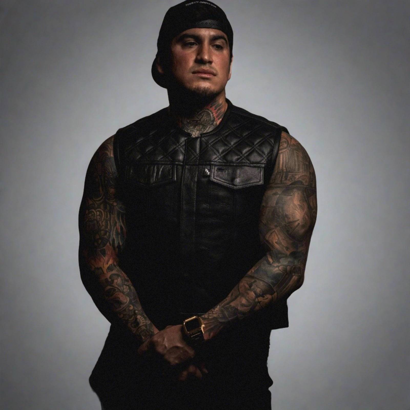 Double Diamond Muerte Collarless Short Torso Leather Mens Vest - Men's Vest - Rebel Reaper Clothing Company