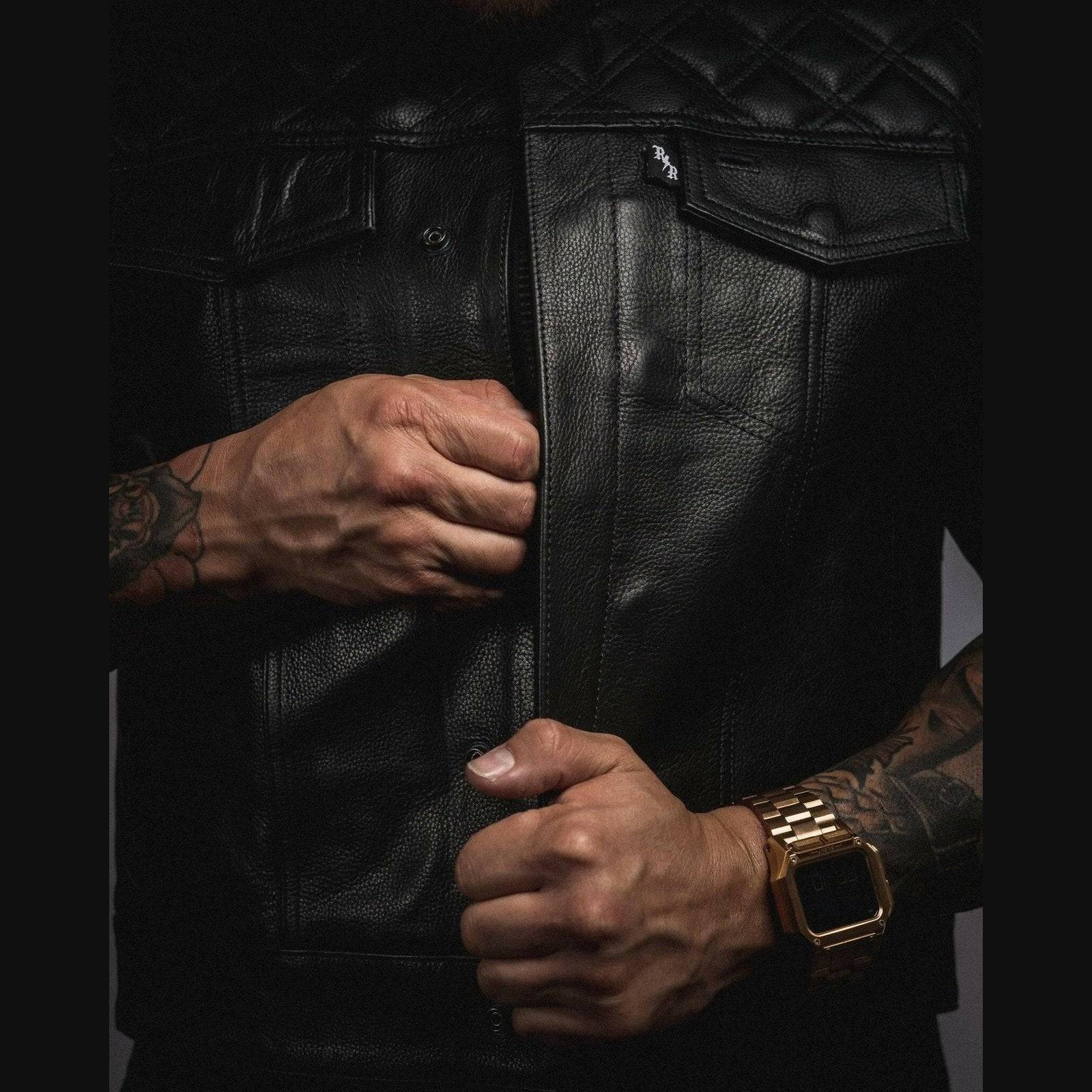 Double Diamond Muerte Collarless Short Torso Leather Mens Vest - Men's Vest - Rebel Reaper Clothing Company