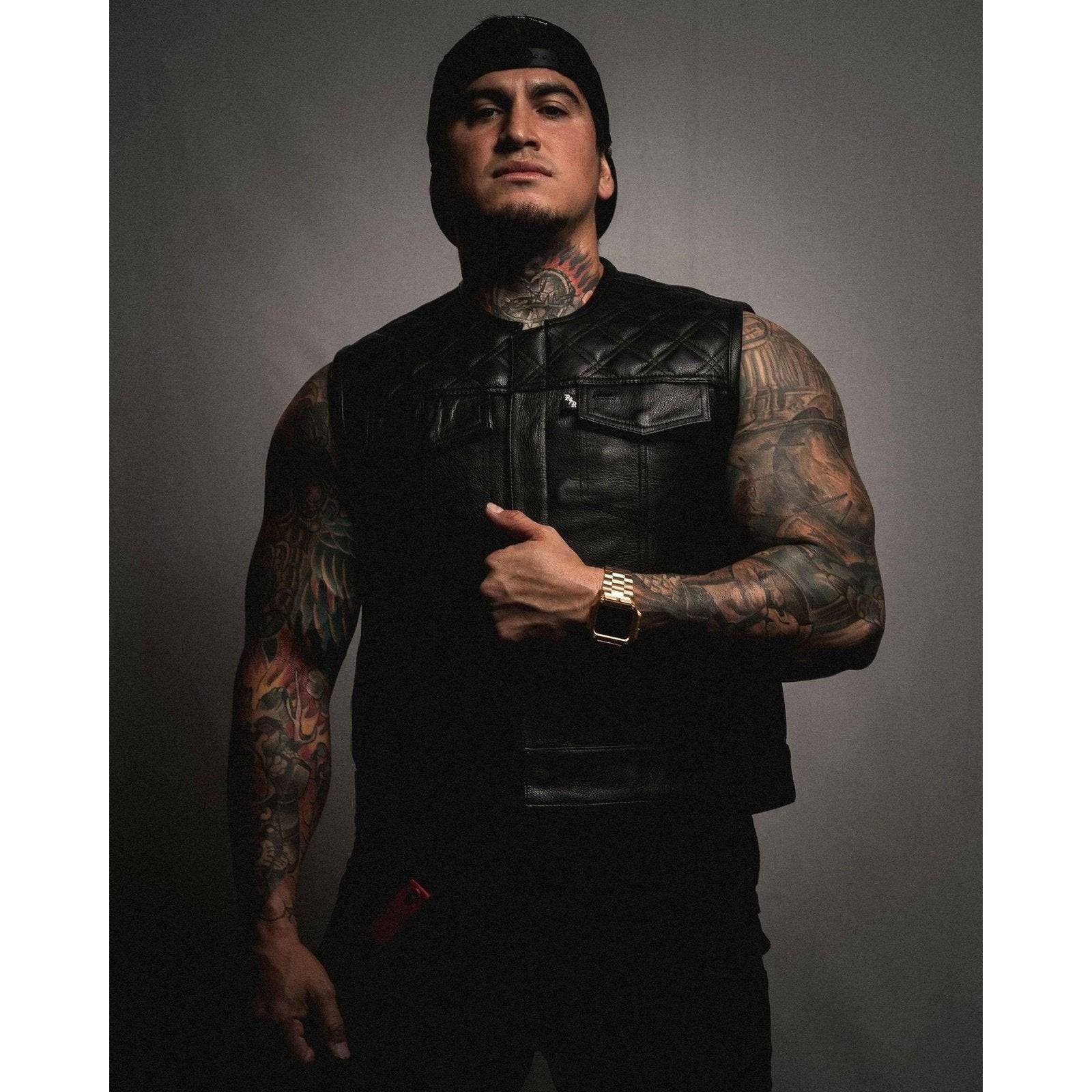Double Diamond Muerte Collarless Short Torso Leather Mens Vest - Men's Vest - Rebel Reaper Clothing Company