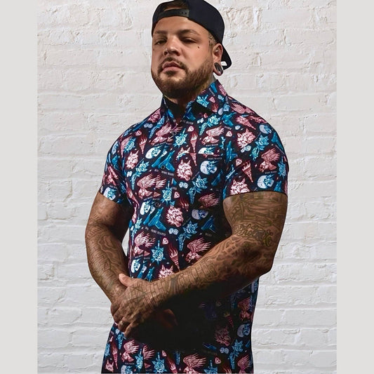 Red White & True Tattoo Flash | Button Up Shirt | Black