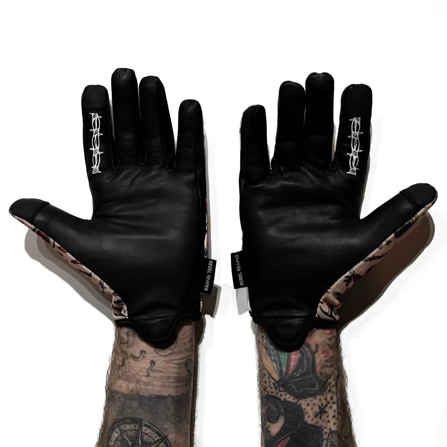 Black leather rogue moto gloves with finger design from Rogue Tattoo Flash Rebel Reaper