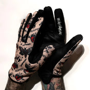 Rogue Tattoo Flash Moto Gloves with tattoo pattern and Rebel Reaper design