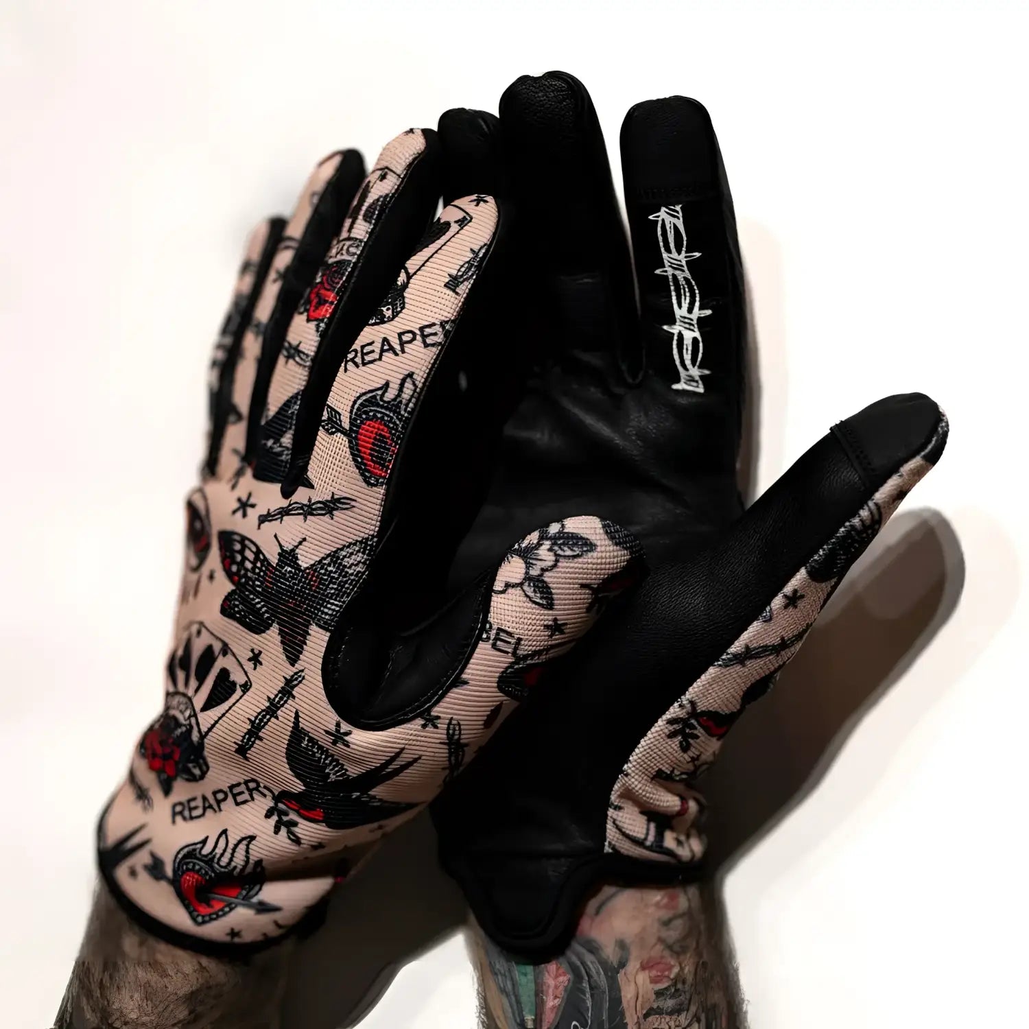 Rogue Tattoo Flash Moto Gloves with tattoo pattern and Rebel Reaper design