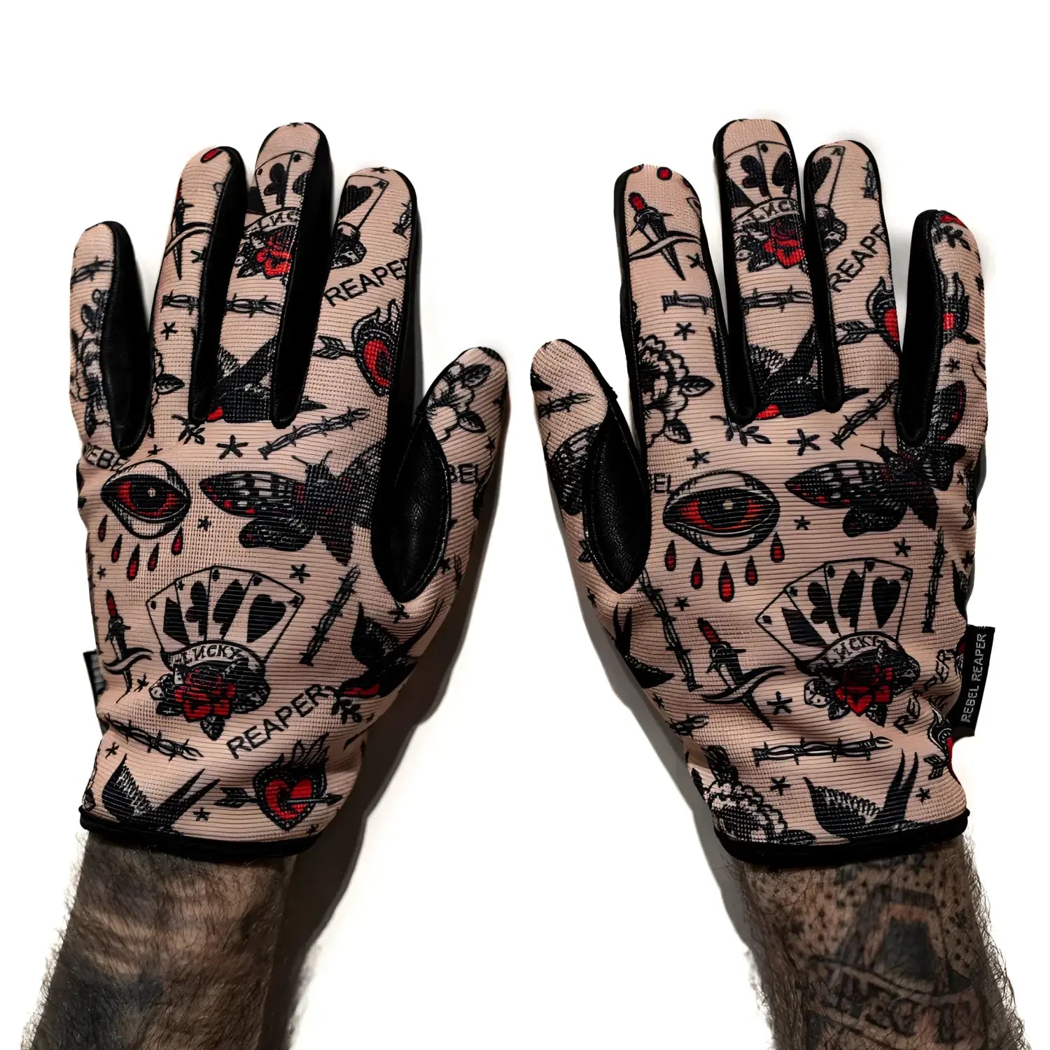 Rogue Tattoo Flash Moto Gloves with tattoo-patterned design and Rebel Reaper motif