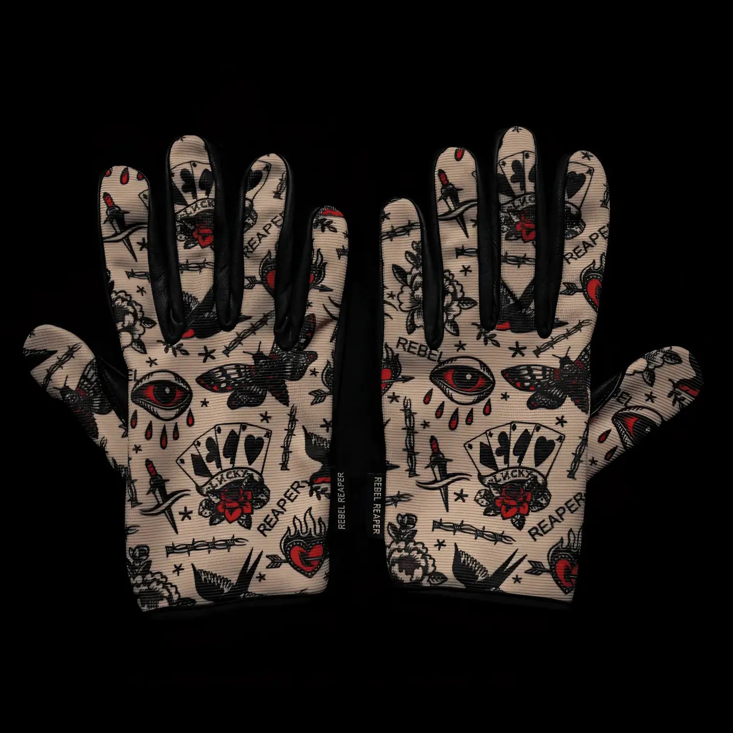 Rogue Tattoo Flash Moto Gloves with tattoo-patterned design featuring rebel reaper motif