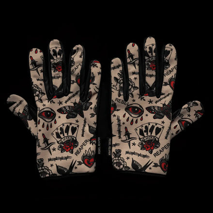 Rogue Tattoo Flash Moto Gloves with tattoo-patterned design featuring rebel reaper motif