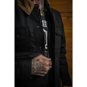 Black denim jacket with corduroy collar and conceal carry pockets in premium selvedge denim