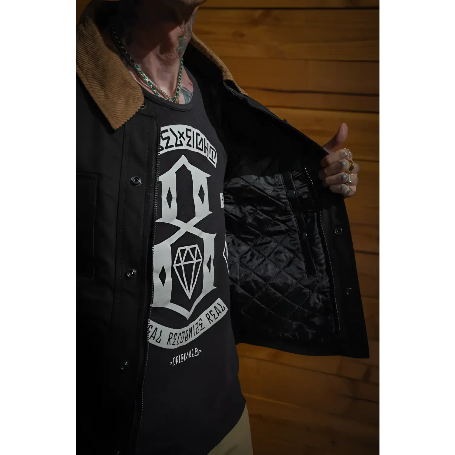 Black denim jacket with corduroy collar, premium selvedge denim, conceal carry pockets