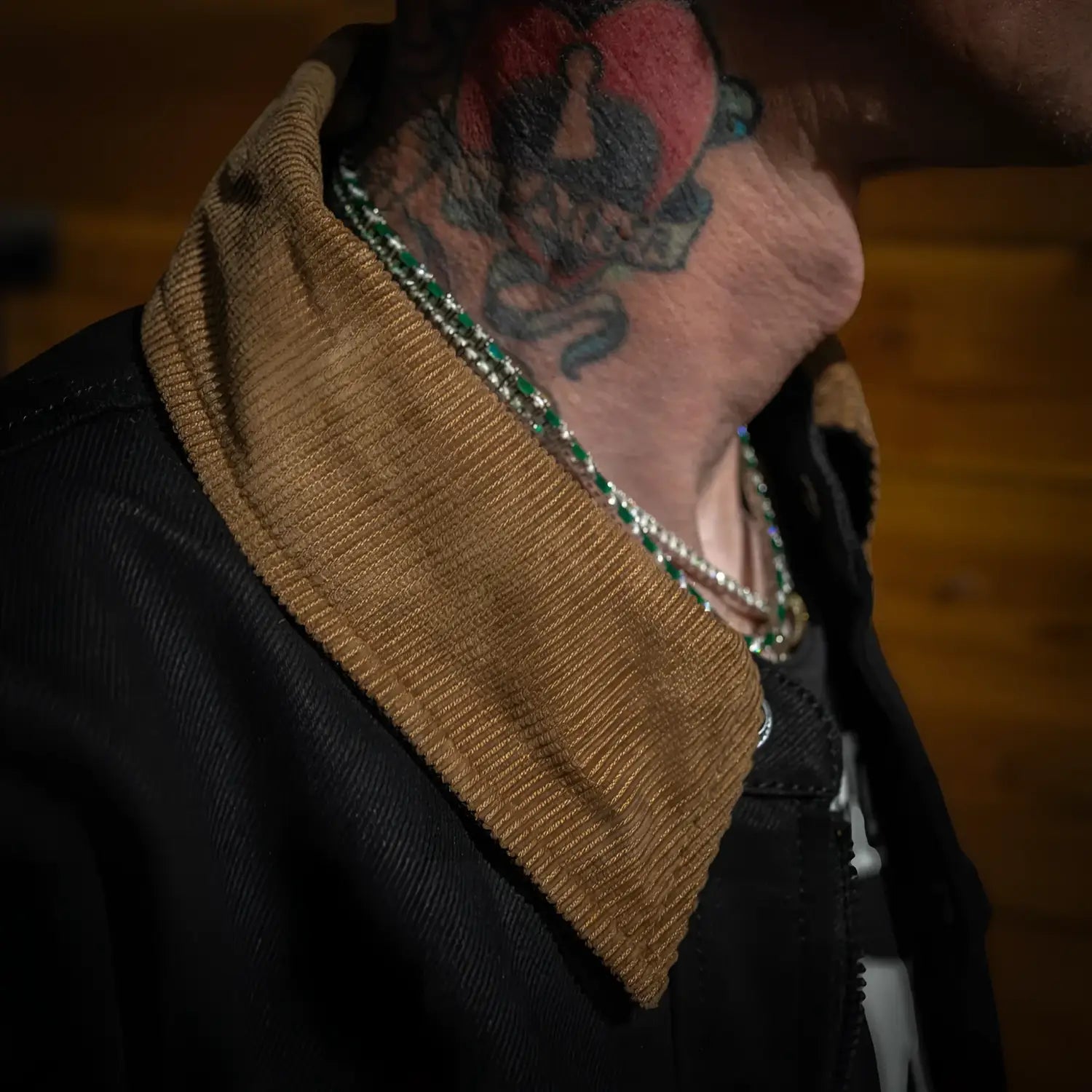 Black jacket with corduroy collar from The Scythe Jacket Black Denim featuring premium selvedge denim