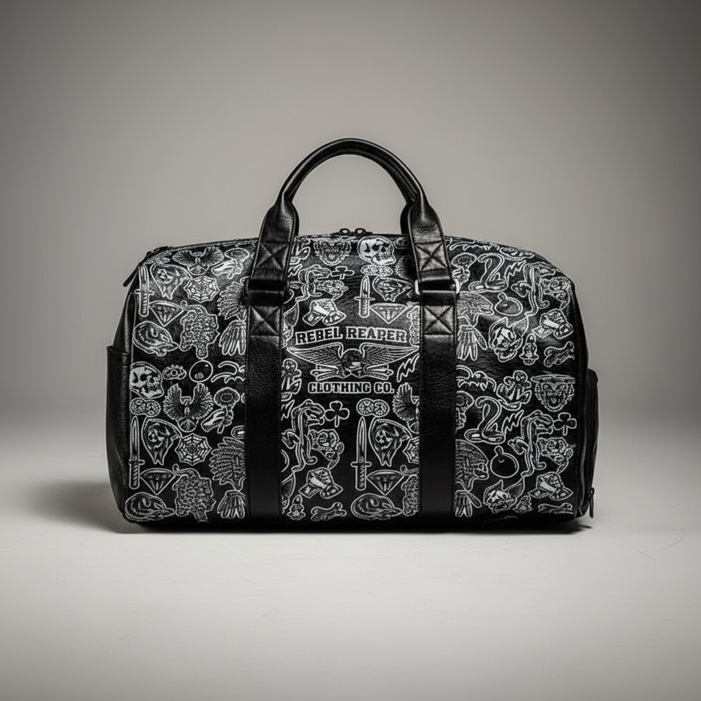 Black and white patterned duffel bag with visible branding on a gray background