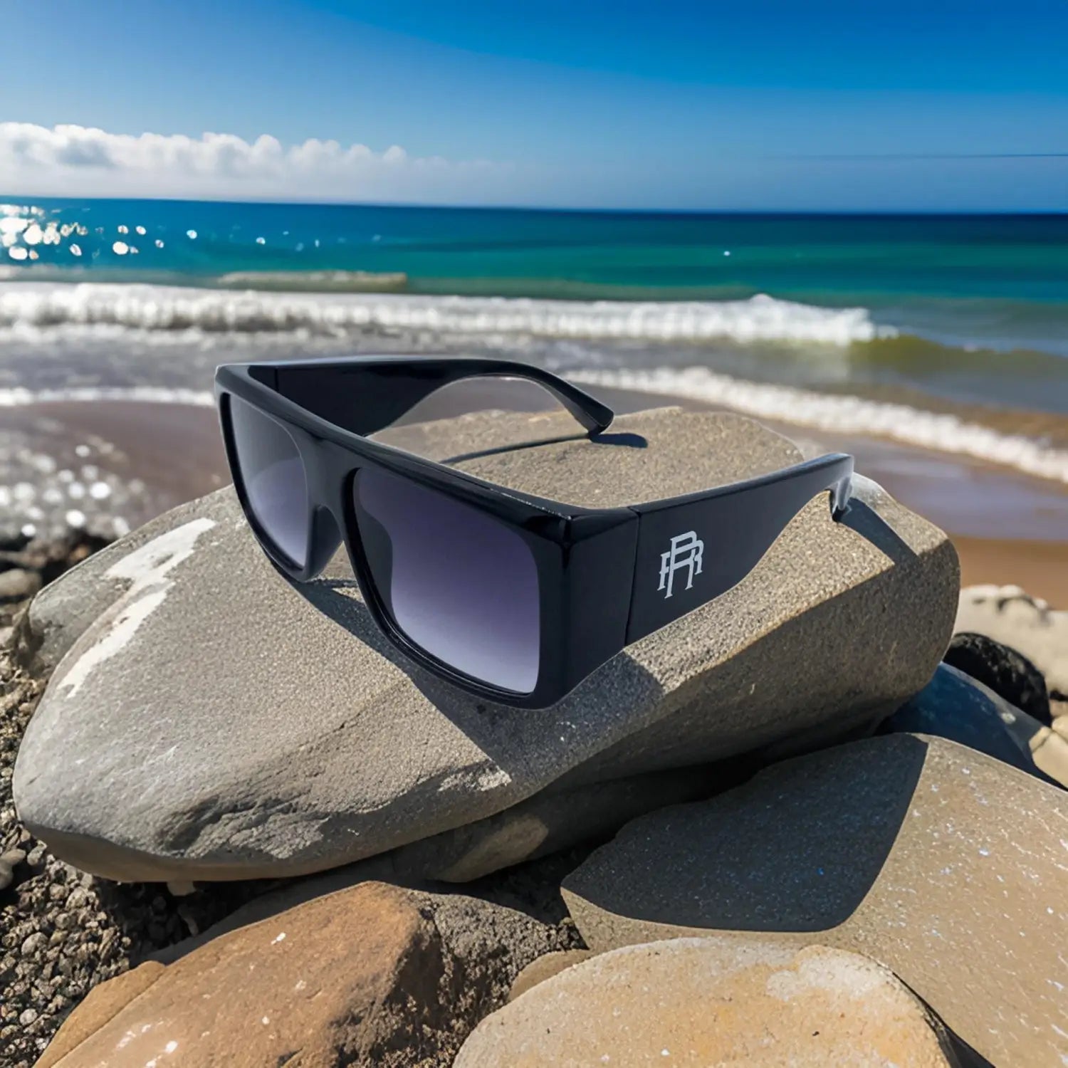 Black sunglasses with gradient lenses from Vibe Retro UV400 Sunglass Collection featuring Rebel Reaper Monogram