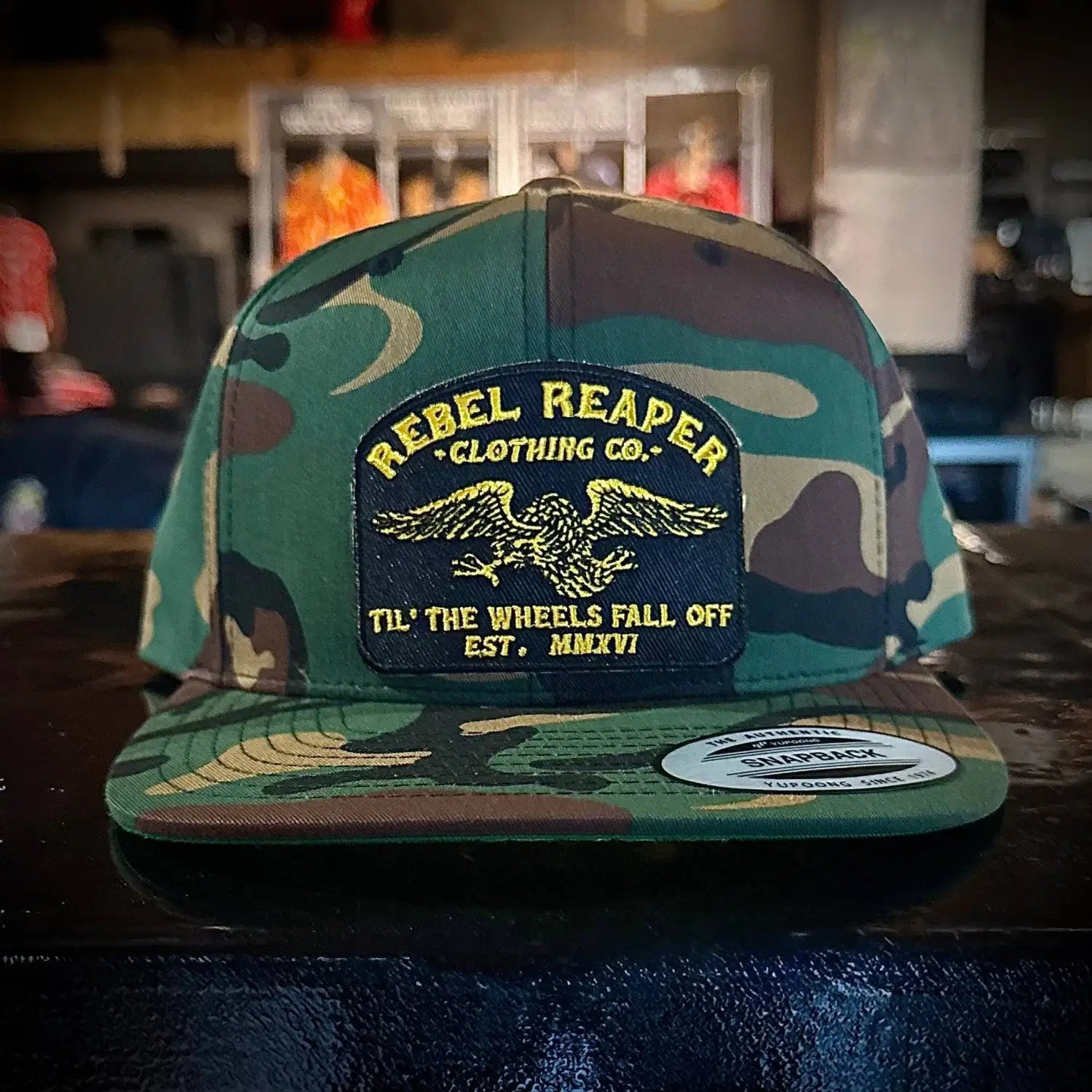 Camo Rebel Reaper Eagle Camo Snapback Hat with Green Camo Print and Adjustable Strap