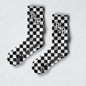 White and Black Checkered Crew Socks with Logo, premium comfort socks in combed cotton