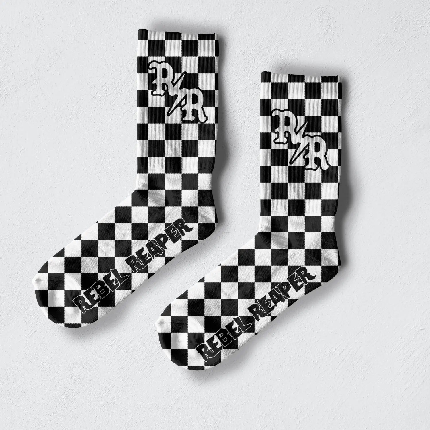 White and Black Checkered Crew Socks with Logo, premium comfort socks in combed cotton