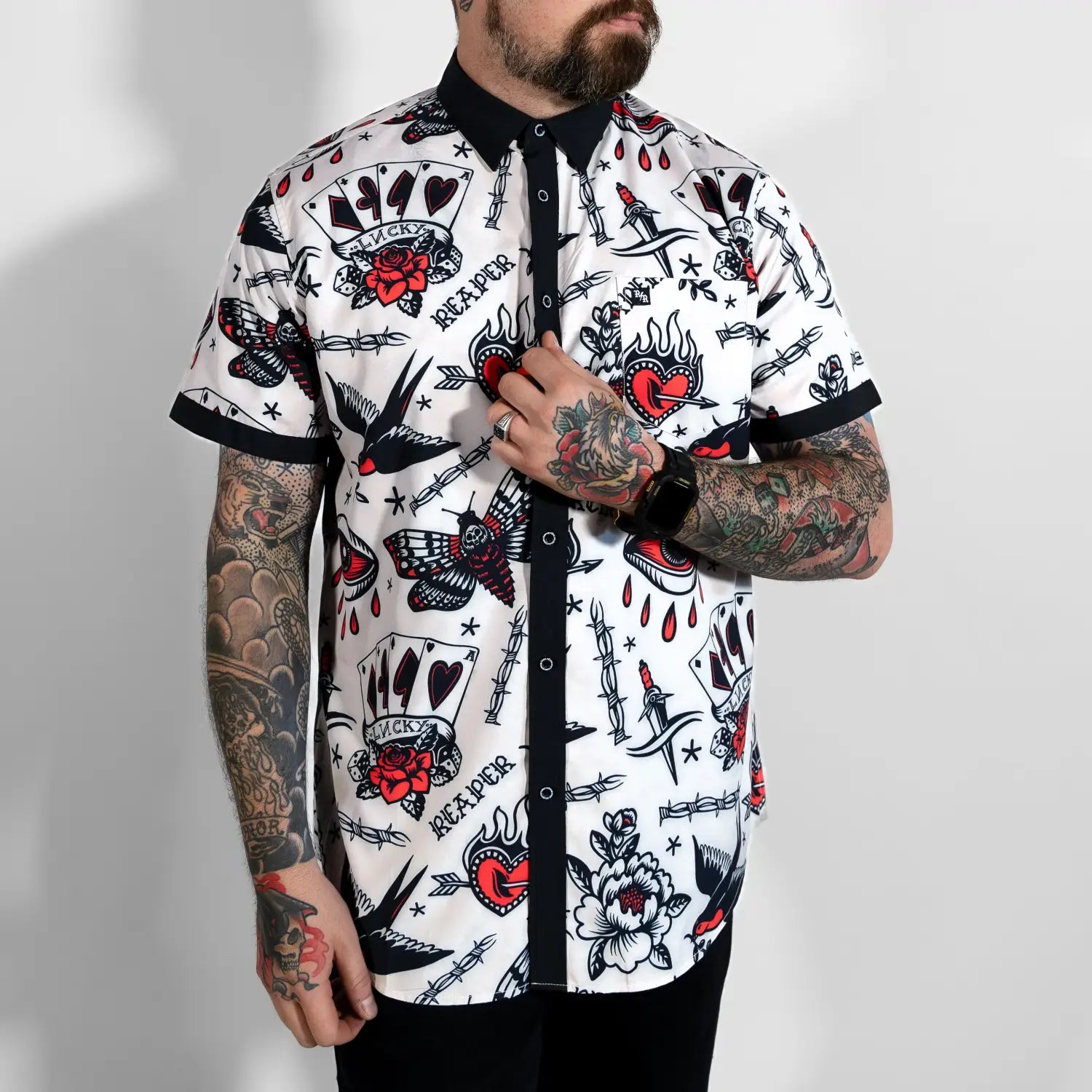 Tattoo-print short-sleeved shirt featuring rebel reaper and traditional tattoo design