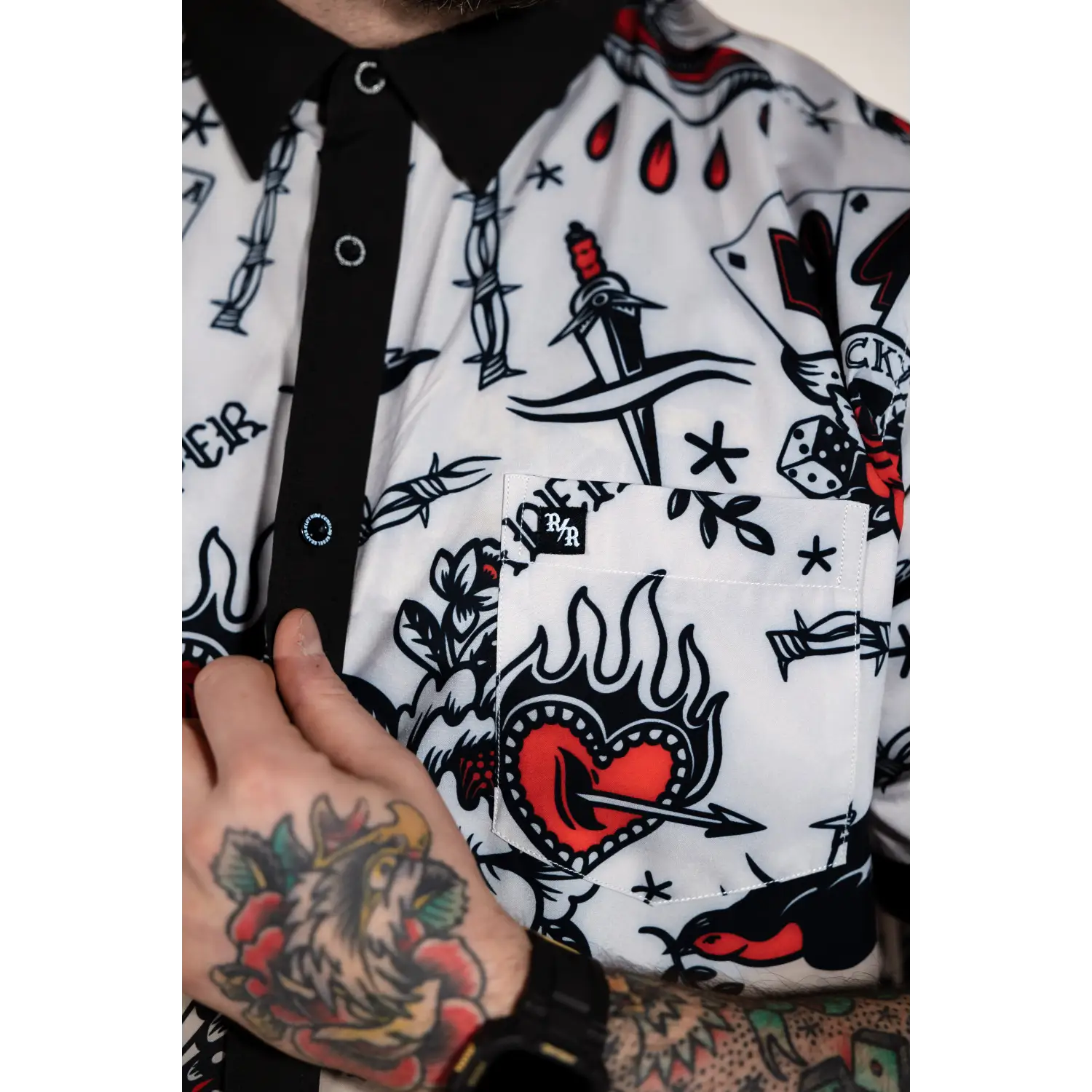White tattoo-print shirt from White Rogue Button Up Shirt S/S with rebel reaper design