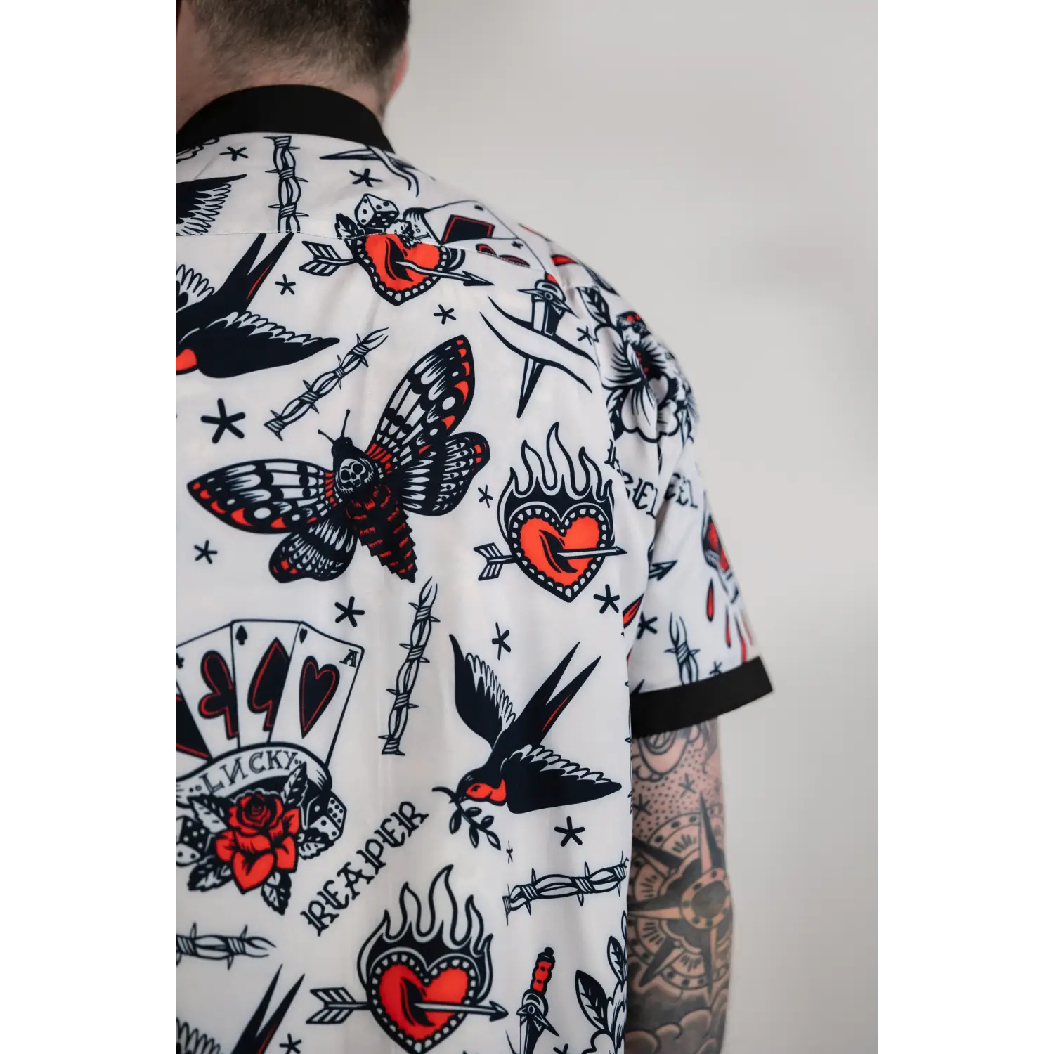 White Rogue Button Up Shirt S/S with rebel reaper traditional tattoo-inspired design