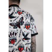 White Rogue Button Up Shirt S/S with rebel reaper traditional tattoo-inspired design