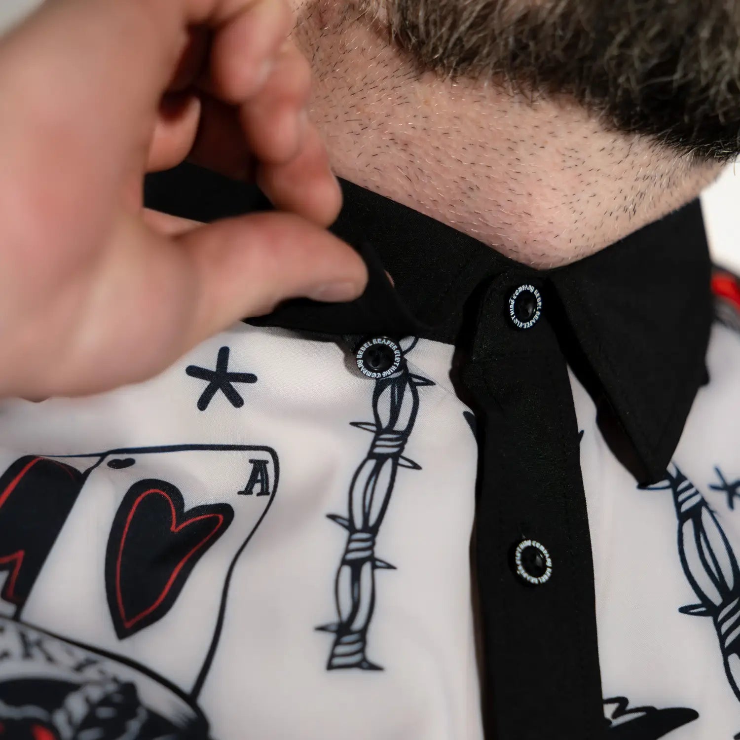 White Rogue Button Up Shirt S/S featuring a patterned design with black collar, perfect for rebel reaper style