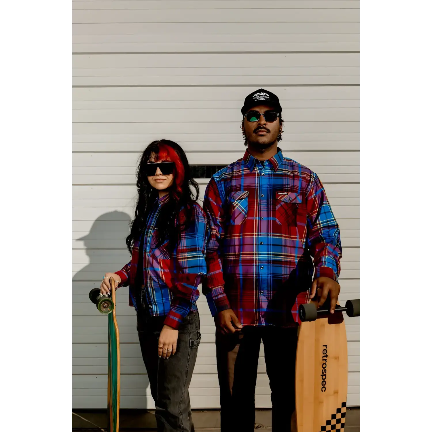 Two men in matching rebel reaper men’s flannel shirts, limited edition fashion