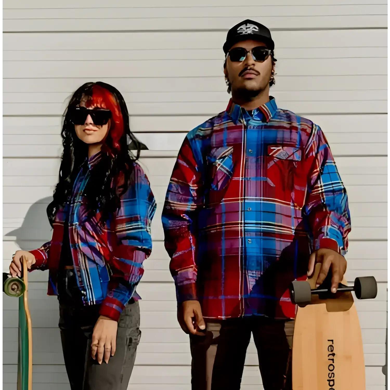 Matching plaid shirts from Zephyr Men’s Flannel collection, limited edition rebel reaper style