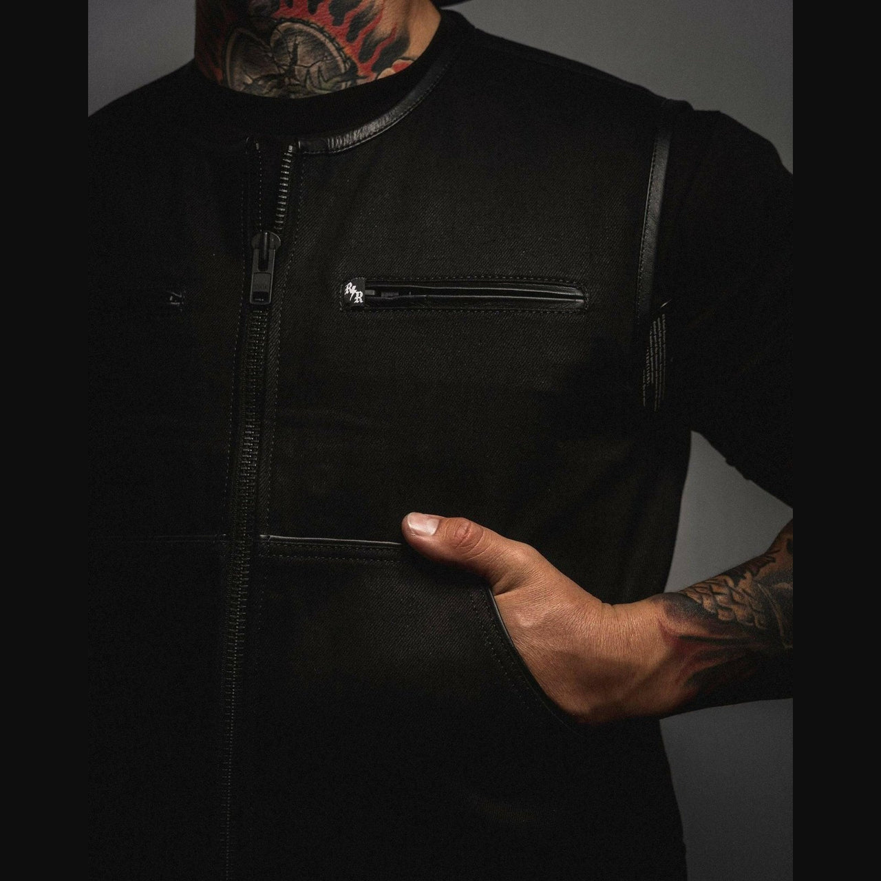 Black Dog Town Collarless Short Torso Selvedge Denim Mens Vest - Rebel Reaper Clothing Company Men's Vest