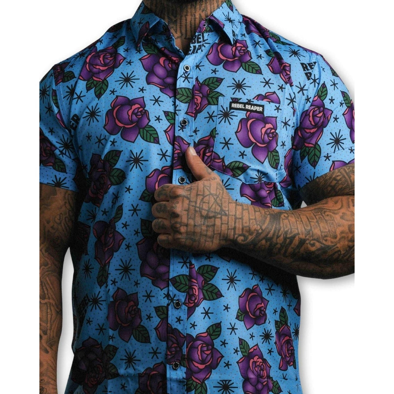 Blue Flash of Roses Shirt - Rebel Reaper Clothing Company Button Up Shirt Men's