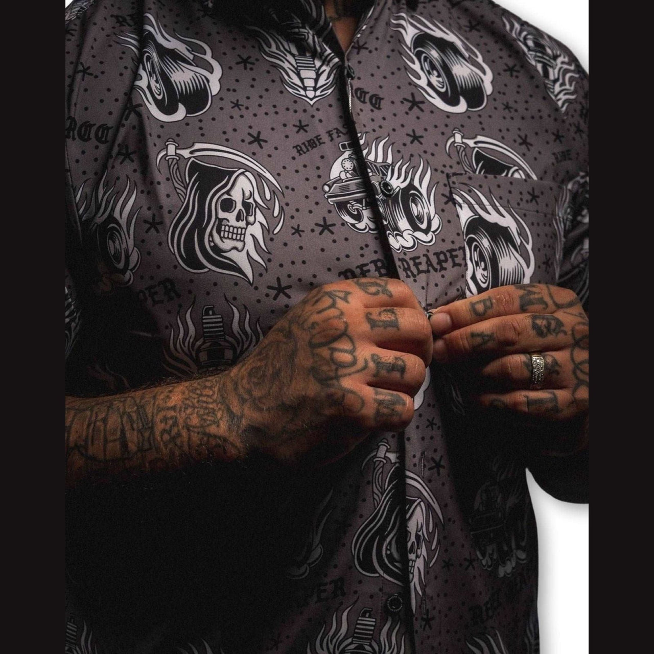 Reaper Tattoo Flash | Button Up Shirt | Grey