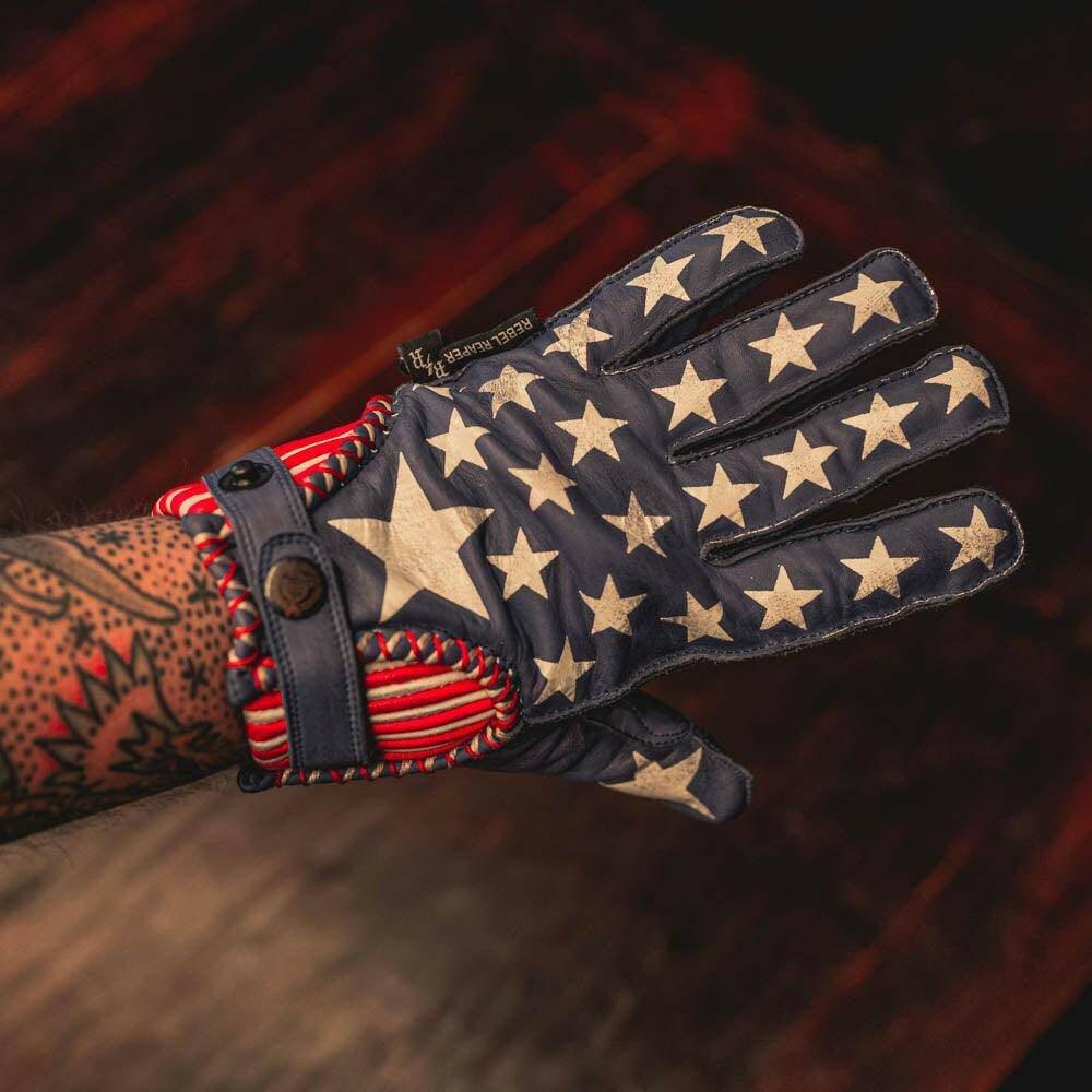 Leather Motorcycle Riding Gloves - Modern Roper - Red | White | Blue | USA - Rebel Reaper Clothing Company Leather Gloves