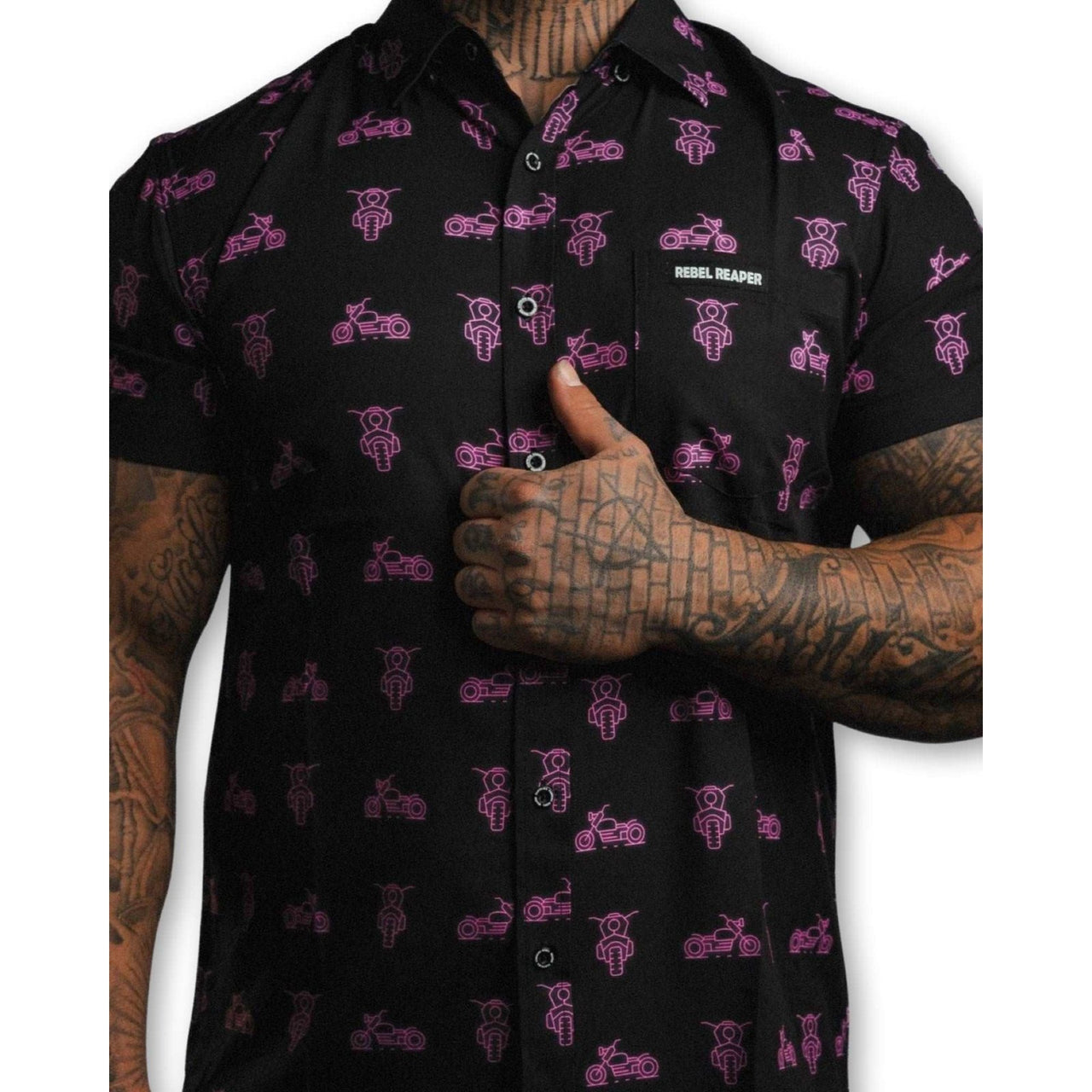 Pink Neon Motos | Button Up Shirt | Black