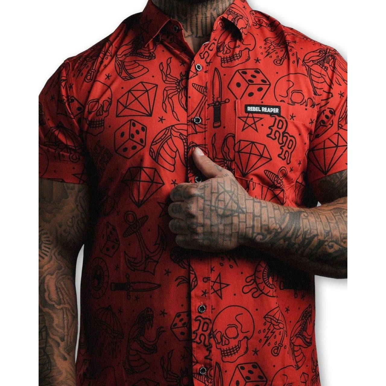 Red Tattoo Flash Shirt - Rebel Reaper Clothing Company Button Up Shirt Men's