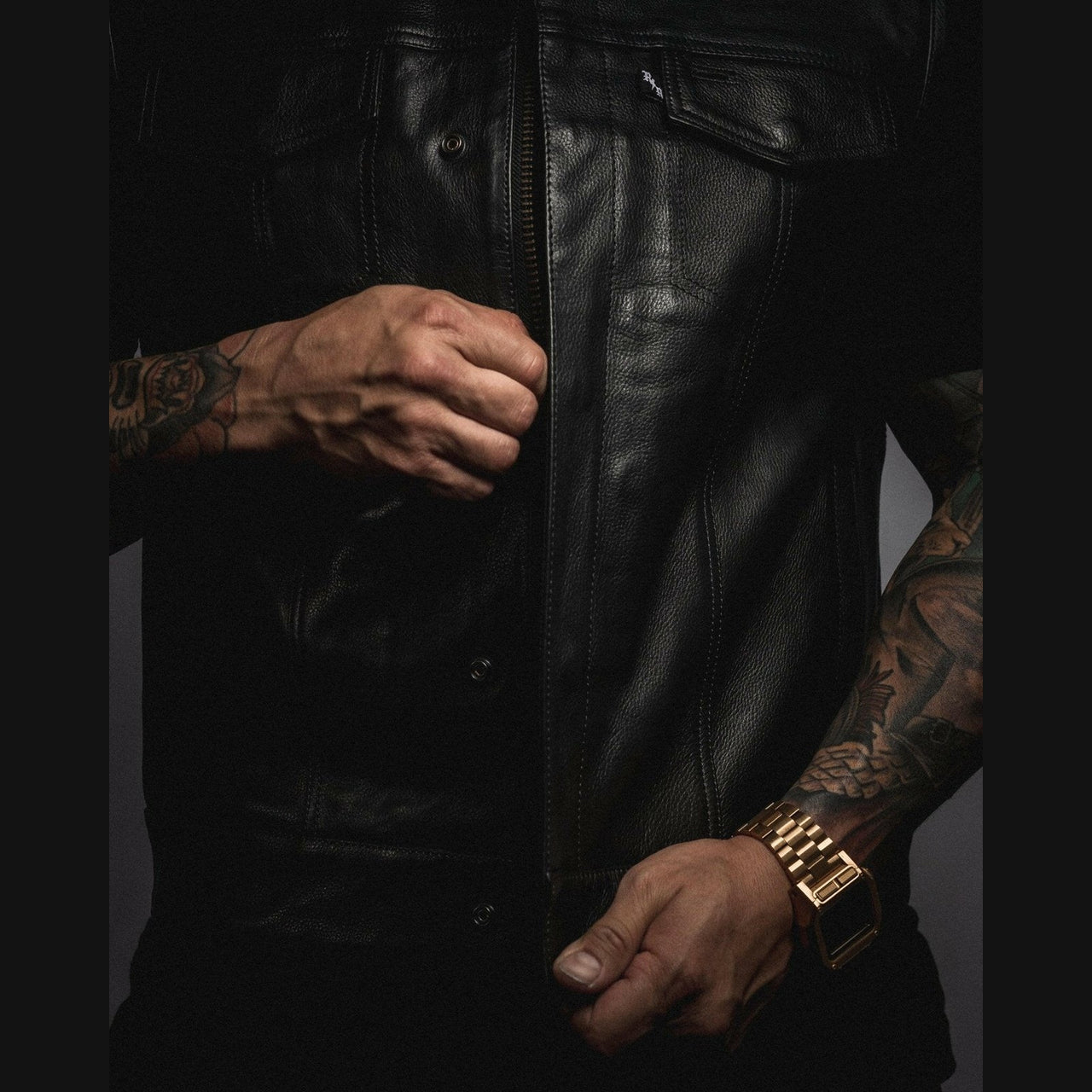 Tino Collared Black Leather Mens Vest